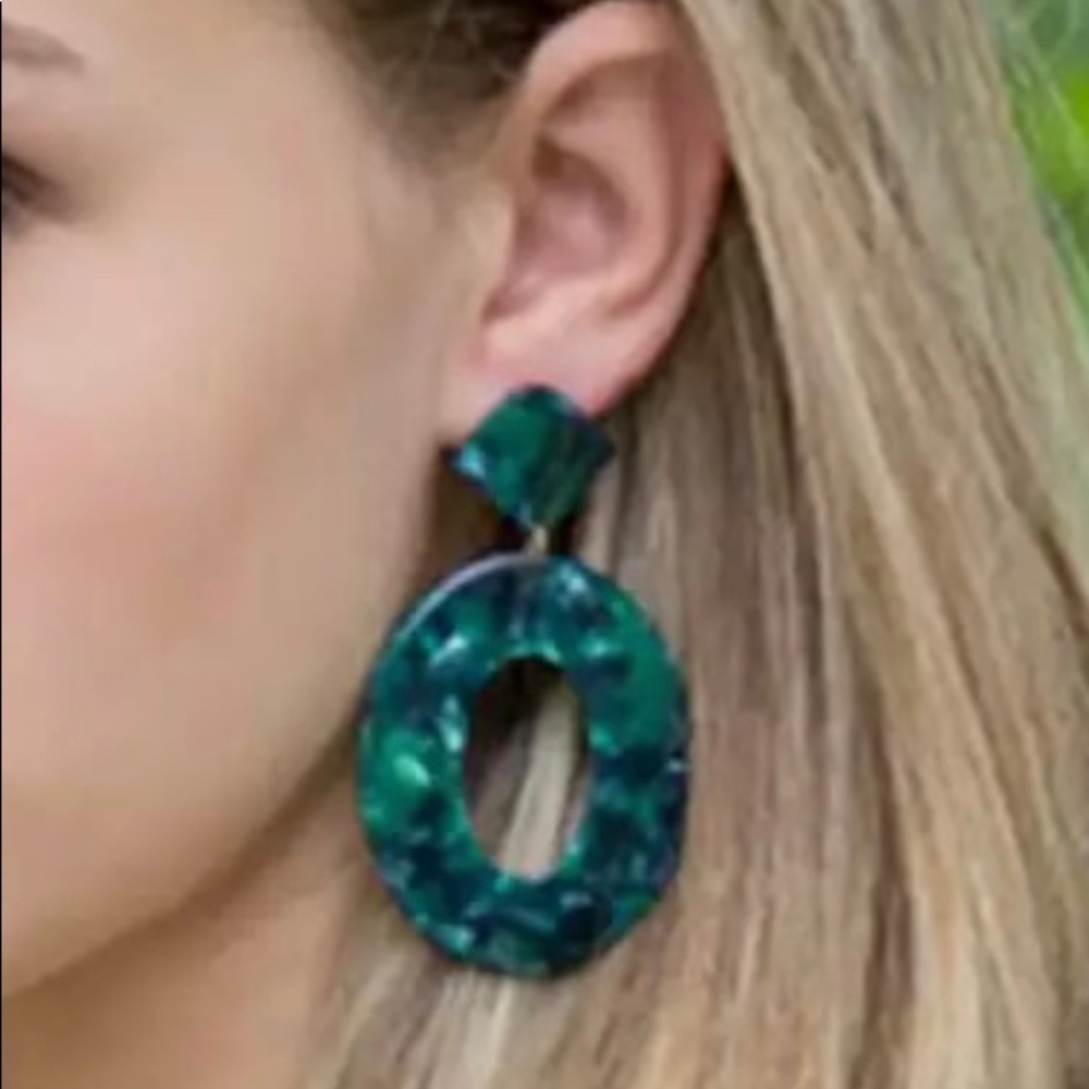 NEW Green Marbled Resin Oval Drop Earrings - Picture 5 of 6